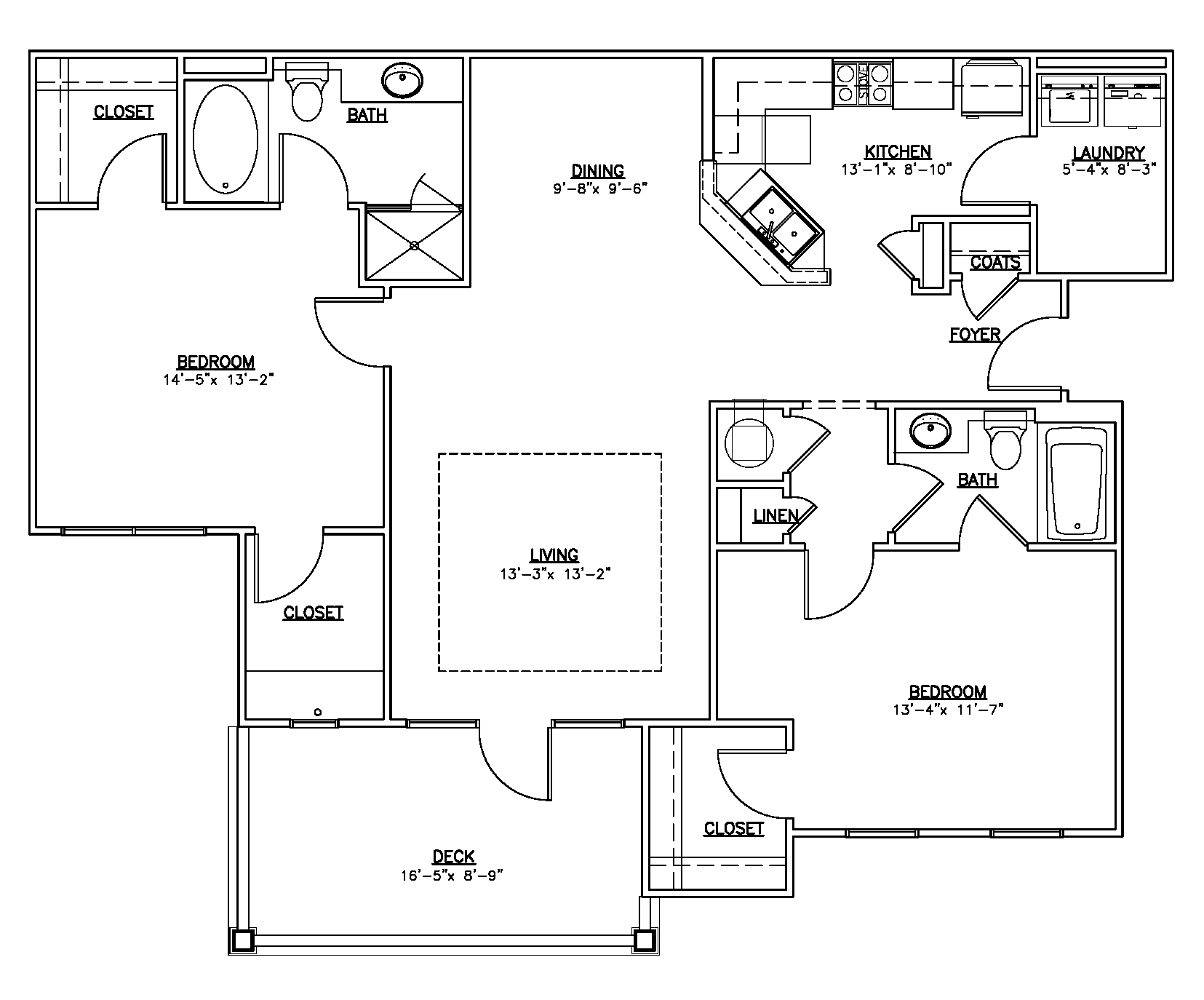 Floor plan for 2 beds, 2 baths, 1311 sqft